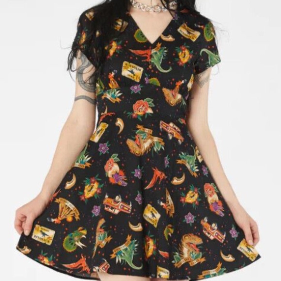 Dangerfield Plus Size Prehistoric Dinosaur Tattoo Retro Rockabilly Dress - Picture 1 of 6